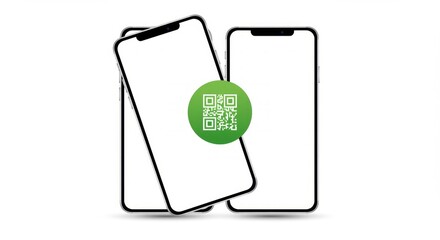 Three modern smartphones with blank screens, angled to the viewer, a green QR code in the center