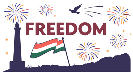 Patriotic Celebration: Festive Fireworks, Monument, and Flag Celebrate Freedom and Independence Day.