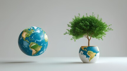  Minimalist concept art of sustainability a globe floating beside a potted tree, where the pot is designed as a world map