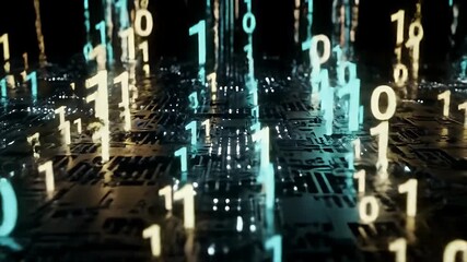 Abstract Digital Landscape with Binary Code Rain and Circuit Board Texture in Blue and Gold Tones a Low Angle 3D Animation Ideal for Cybersecurity and AI Themes - Powered by Adobe