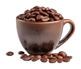 Coffee beans in a brown mug isolated on transparent background
