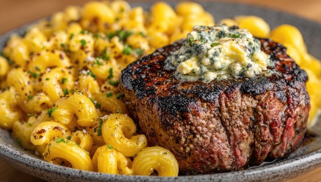 Grilled steak with creamy mac and cheese - Powered by Adobe