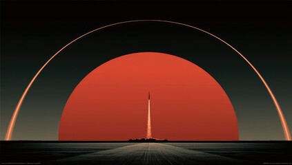 Rocket launch into a fiery red sun, arched trails