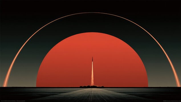 Rocket launch into a fiery red sun, arched trails - Powered by Adobe