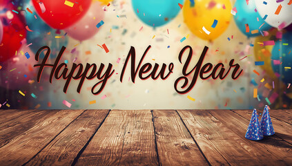  Happy new year message written in bold black ink on a rustic wooden table in 2026 with confetti and balloons in the background ai generative