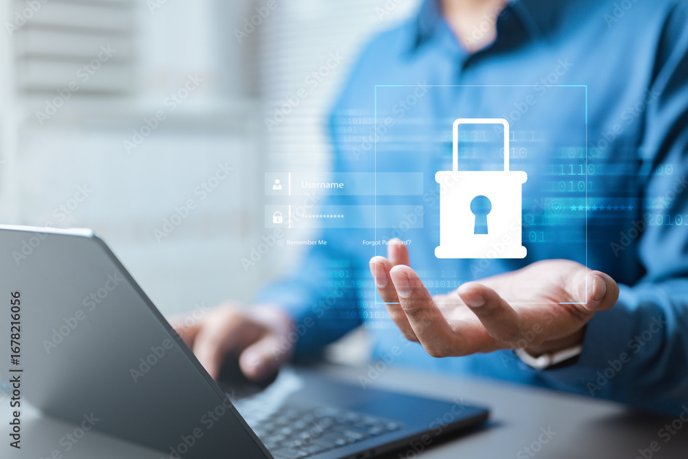 Poster cybersecurity crime firewall. cyber security threat privacy protection. password key identity intern