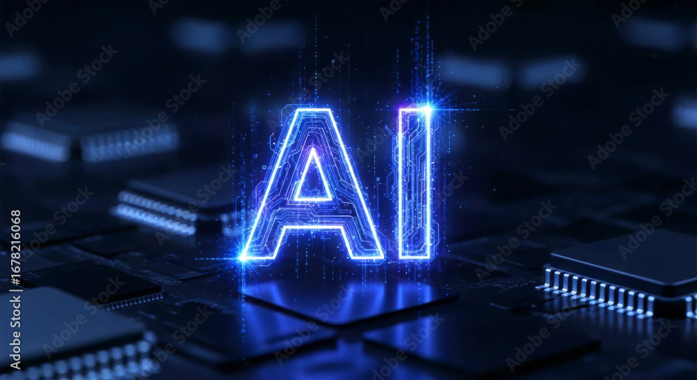 Poster artificial intelligence ai glowing neon blue on circuit board technology background with microchips 