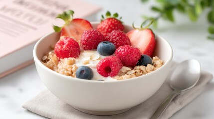 A fresh bowl of yogurt topped with strawberries, raspberries, blueberries, and granola, garnished with green leaves, set against a light background.