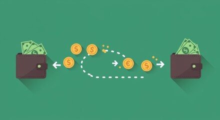 Two brown wallets with money exchange. Paper cash and coins shift position, representing a financial transaction on a green background