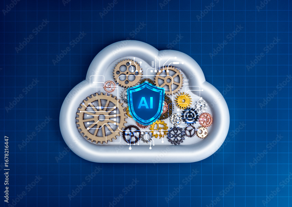 Poster ai shield icon on cloud with gears on digital network blue background symbolizes ai cloud computing,