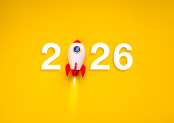 2026 numbers with rocket flying on yellow background represents happy new year 2026, business growth, startup innovation, creative ideas, trends, fresh opportunities and successful future development.