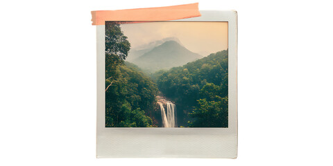 Scenic waterfall photo in a Polaroid frame.