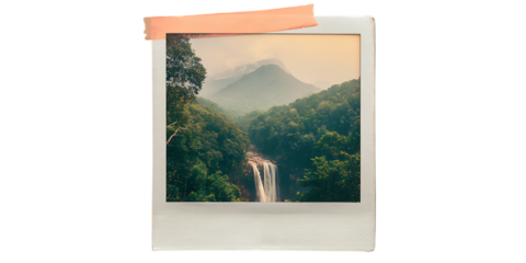Scenic waterfall photo in a Polaroid frame.