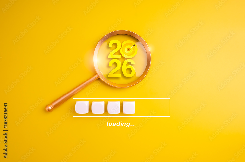 Poster magnifying glass focusing on 2026 numbers with loading bar on yellow background, symbolizing loading
