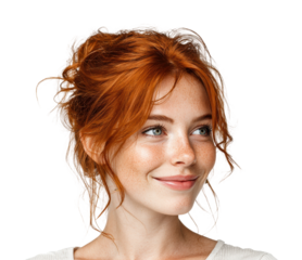 Portrait of a smiling redhead woman in bright environment isolated on transparent background