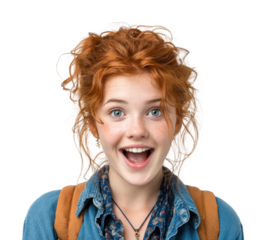 Excited young woman smiling portrait bright isolated on transparent background