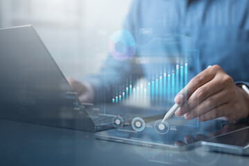 Business strategy analysis data, Analyst database development analytic. Business, Analytics and Data Management System on computer, make report KPI and metrics connected database