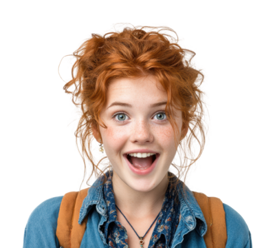Excited young woman smiling portrait bright isolated on transparent background