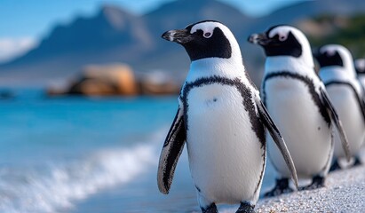 a group of penguins at the beach in cape town