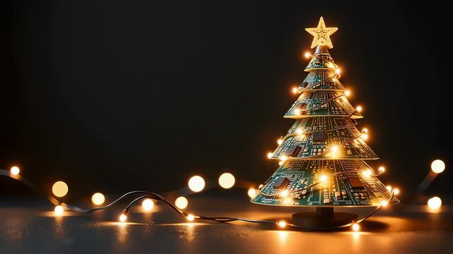 IT Christmas tree made of microcircuits, boards and wires over black background. Technology motion with copy space. Greeting card for sysadmin or engineer for Xmas and New Year holidays celebration.