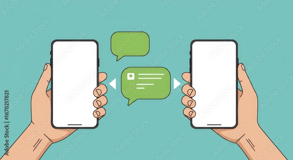 Aufkleber Two hands hold smartphones, with message bubbles floating between them. One bubble has lines. Clean background