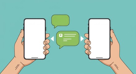 Two hands hold smartphones, with message bubbles floating between them. One bubble has lines. Clean background