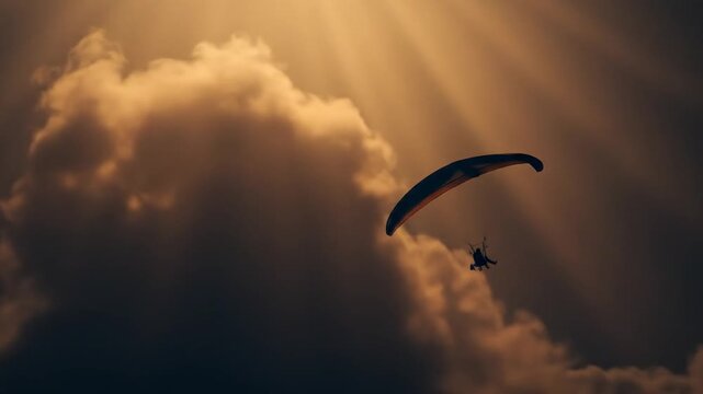 A powered paraglider is silhouetted against a sky filled with voluminous goldentinged clouds illuminated by bright sun rays