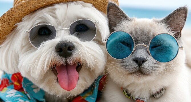 a happy white maltese dog and an elegant siamese cat wearing sunglasses, sun hats, and hawaiian shirts on the beach with a blue sky and sea in the background.
