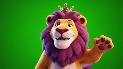 Cartoon lion wearing a crown and waving its paw against a green background
