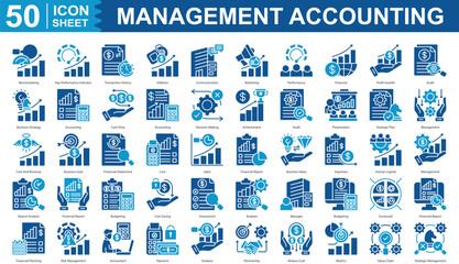 Management Accounting Icon Set Collection Concept With Icon Of benchmarking, key performance indicator, transaction history, inflation, communication, marketing, performance editable stroke eps 10