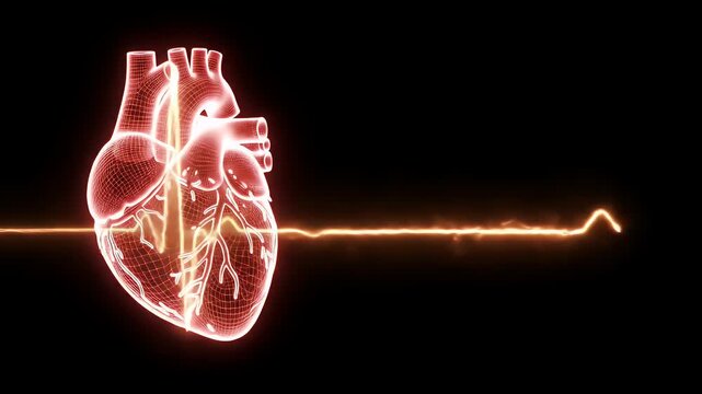 Animated Glowing Anatomically Correct Heart with Orange Heartbeat Line Animation Perfect for Medical Visualizations and Education, Symbolizing Heart Health and Cardiovascular Well Being