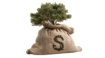 Money tree growing from a money bag.