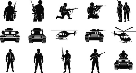 Military silhouettes of soldiers, tanks, and helicopters in combat and tactical poses, perfect for war, defense, and army-themed designs. © MDALRAFIN