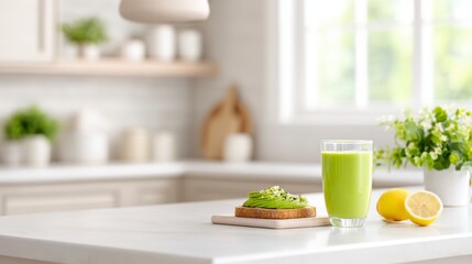 A fresh and bright kitchen scene featuring a glass of green smoothie, lemon, and avocado toast, emphasizing healthy eating and a modern lifestyle.