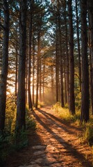 Fototapeta premium Sunlit path through a pine forest (1)
