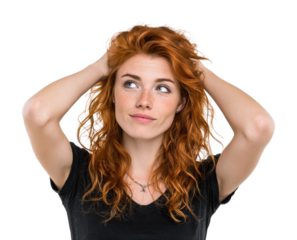 Thoughtful young woman with curly hair in environment isolated on transparent background