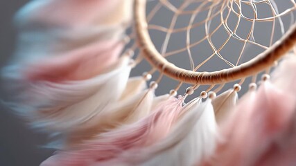 Close-up view of a dreamcatcher adorned with delicate, ombre-colored feathers, showcasing a soft, warm aesthetic. - Powered by Adobe
