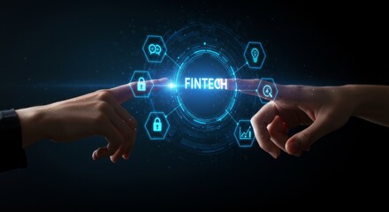 Two hands touch a digital interface displaying "Fintech", surrounded by icons. Blue futuristic design