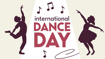 Silhouette of a man and woman joyfully dancing, celebrating International Dance Day; elegant, stylized vector illustration; vibrant, energetic mood.
