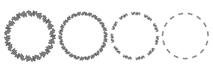 Circular sound waves. Abstract circular lines pattern. Music audio bursts. Ring of thin rays with wavy silhouette. Radial spectrum design. Geometric waveform vector illustration