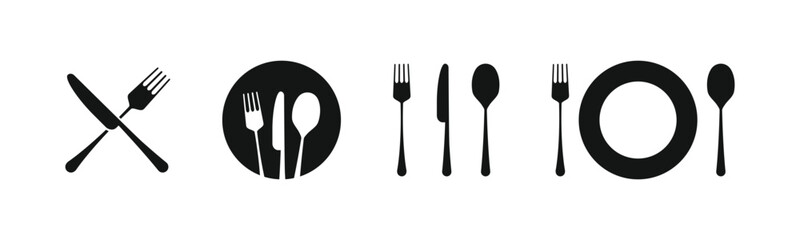 Elegant restaurant icons. A collection of black cutlery and plate silhouettes on a white background, including a crossed fork and knife. Perfect for menus, logos, food apps, and kitchen-themed