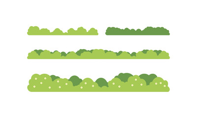 Fresh green grass and bushes vector set. Flat cartoon illustration of various garden plants and hedges with flowers, perfect for landscapes, backgrounds, game assets, and children's book illustrations