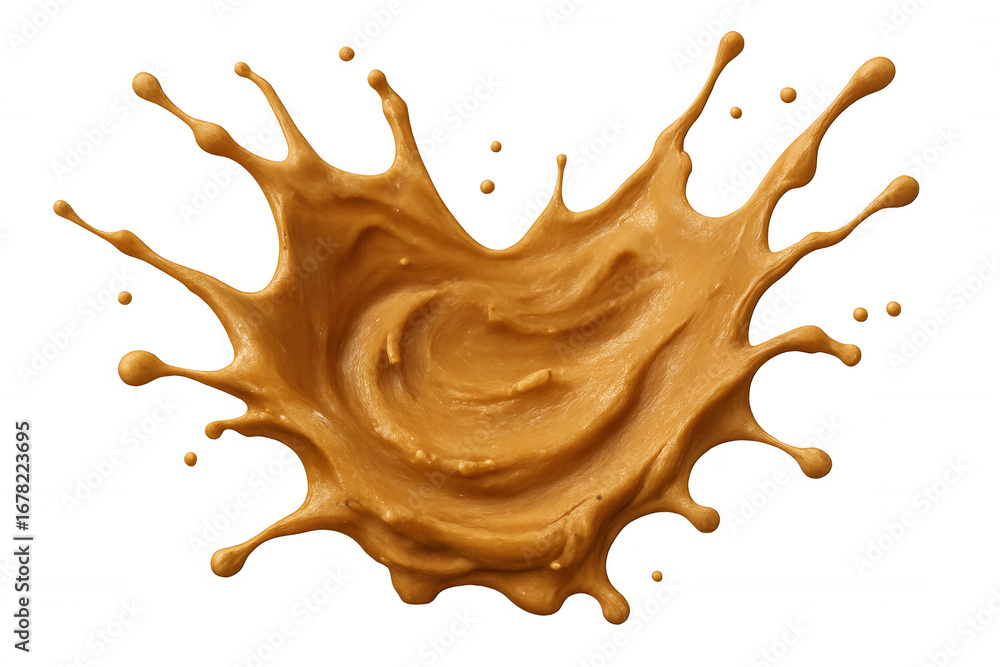Poster creamy peanut butter splashing, creating dynamic swirls and droplets, isolated on a transparent back