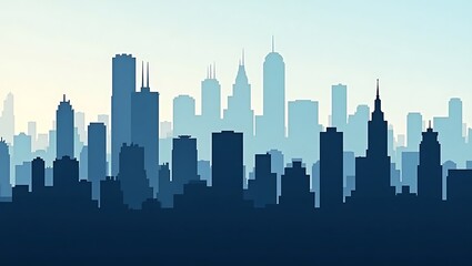 Fototapeta premium Silhouetted Skyline of City Buildings in Shades of Blue, Vector Illustration