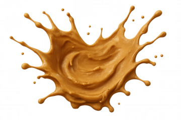 Creamy peanut butter splashing, creating dynamic swirls and droplets, isolated on a transparent background