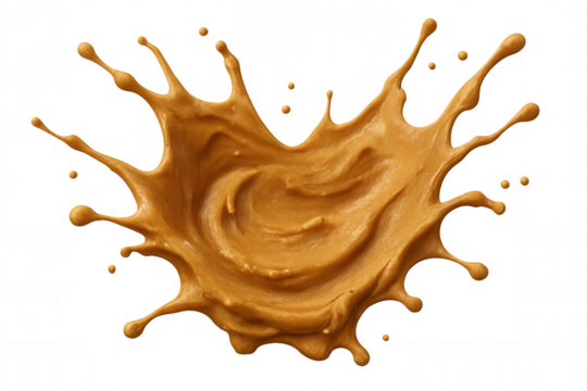 Creamy peanut butter splashing, creating dynamic swirls and droplets, isolated on a transparent background