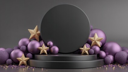Dark podium with purple orbs and gold stars