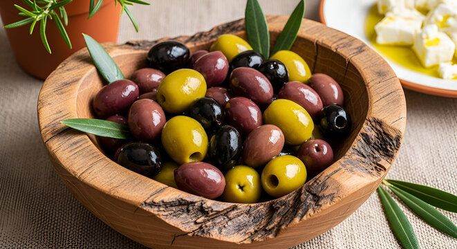 A rustic wooden bowl filled with a colorful assortment of olives