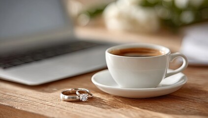 Laptop, coffee cup, and wedding rings on a wooden table