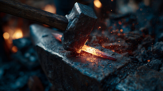 blacksmith, forging hot iron with hammer